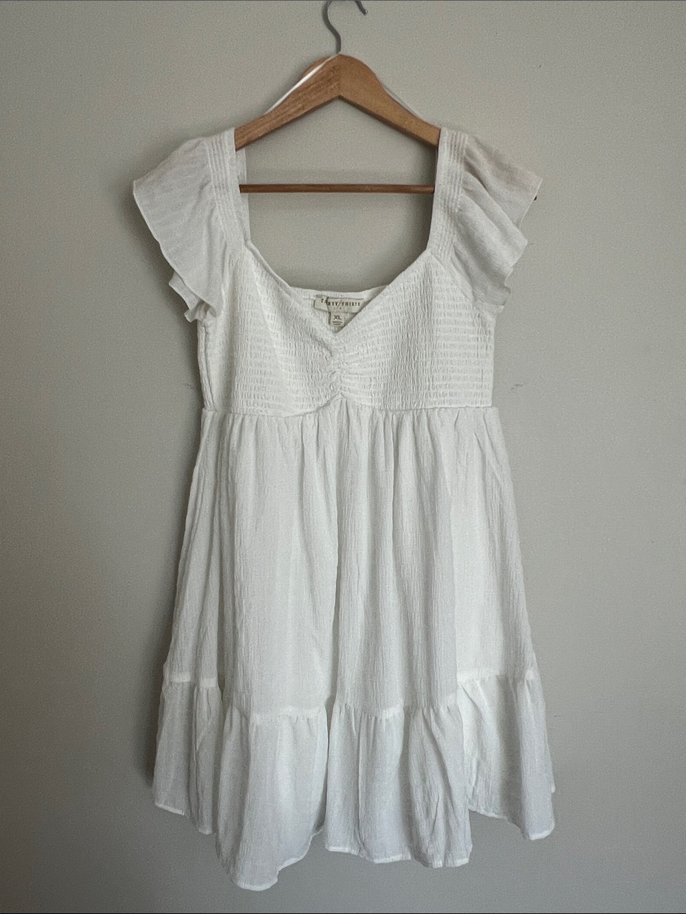 White Flutter-Sleeve Mini Dress with Smocked Bodice